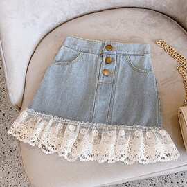 童装2025夏季新款 中小童宽松短裙 女童甜美蕾丝拼接牛仔半身裙