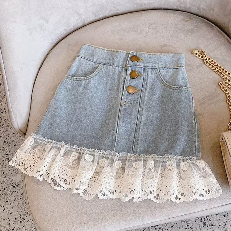 童装2025夏季新款 中小童宽松短裙 女童甜美蕾丝拼接牛仔半身裙