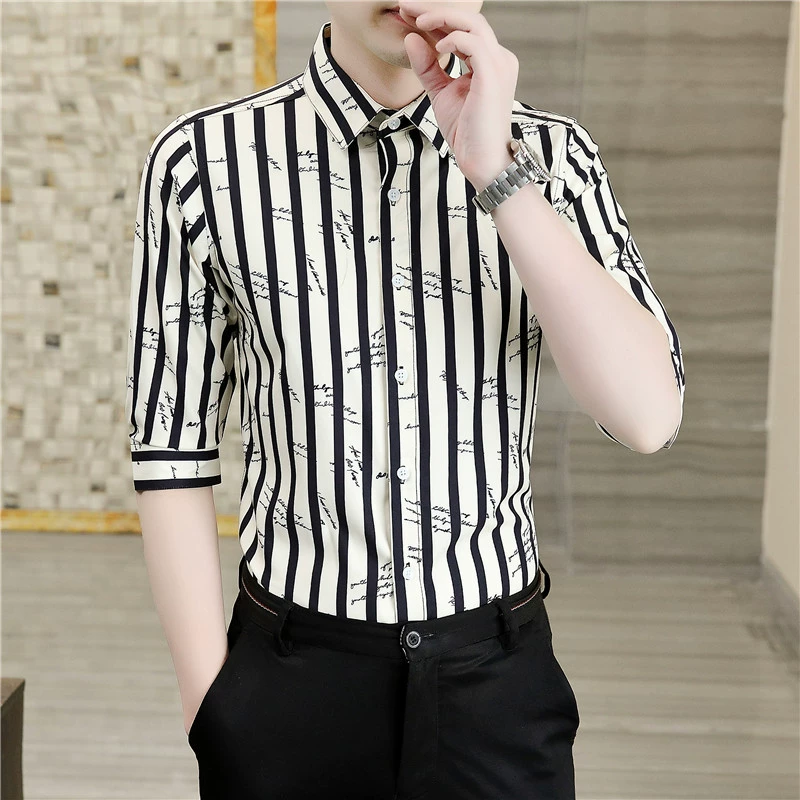 2023 весенне-летняя новая полосатая рубашка с лацканами и буквами, мужская приталенная Молодежная модная повседневная рубашка в Корейском стиле, верхняя одежда