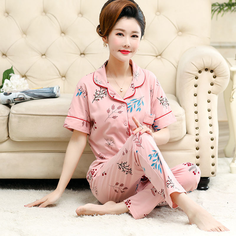 Pijama mujer de mediana edad y anciana suegra 100% algodón manga corta primavera y verano traje Delgado cardigan suelto más tamaño