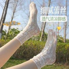 超仙らしい花柄の薄手ソックス、夏用レースソックス、メッシュ素材の白いレース縁のミドル丈ソックス（女性用）