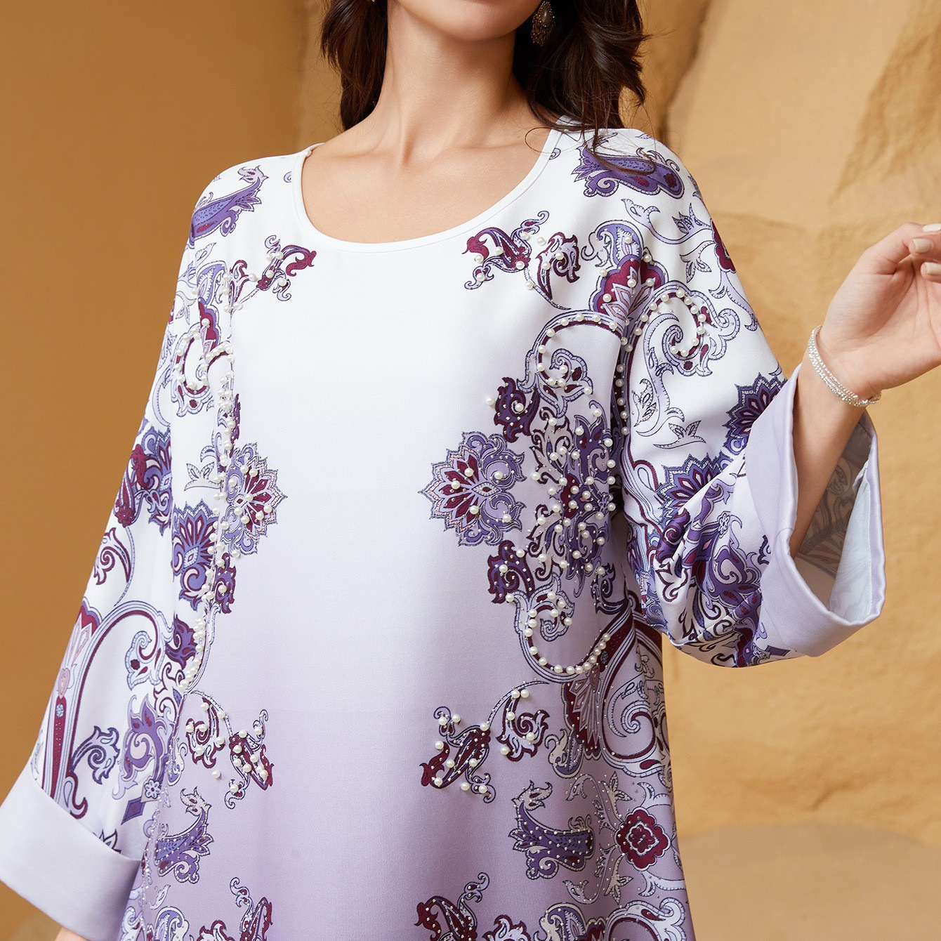 SW2514 Middle East Cross-border New Model Muslim Women's Robe With Printed Patterns, Rhinestones, And Beading, Round_ecoleips.com