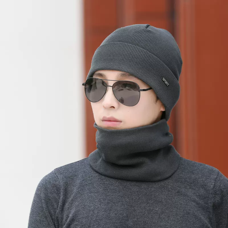 冬天围脖针织帽子加绒保暖帽户外骑车防寒冬季毛线帽男士套头帽子