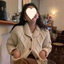 韩版 粗棒针织毛衣外套复古重工系扣加厚慵懒风毛衣外套 女