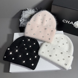 French Heavy Industry Rabbit Hair Rhinestone Wool Hat Women's Autumn and Winter Warm Thickened Fashionable All-match Sweet Knitted Hat Baotou Hat