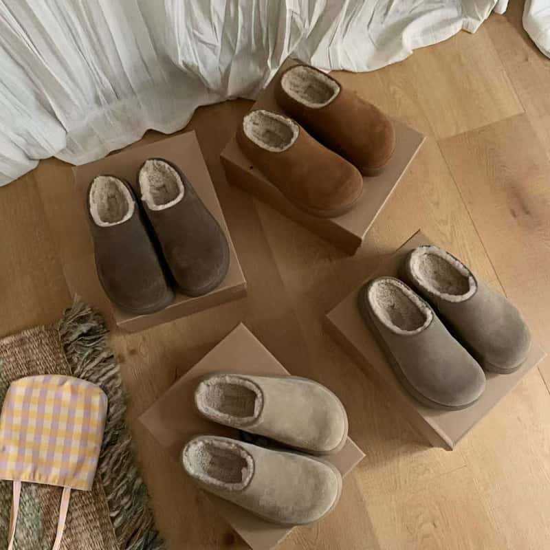 Shanpo Thick-Soled Small Potato Sheepskin All-In-One Snow Boots One-Leg Outer Wear Genuine Leather Wool Cotton Slippers Women's Shoes