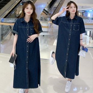 Тонкая джинсовая летняя одежда для отдыха, длинная рубашка для беременных, платье, в корейском стиле, оверсайз, средней длины