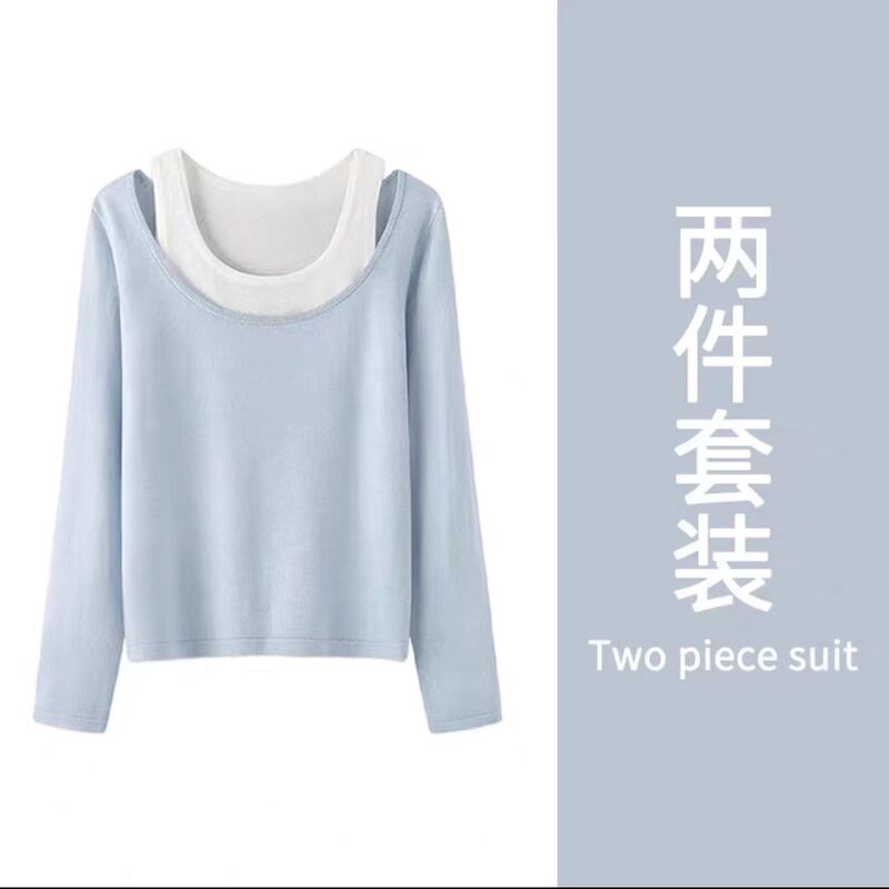 多巴胺蓝色两件套防晒罩衫长袖T恤女2025新款初秋季超好看上衣|undefined