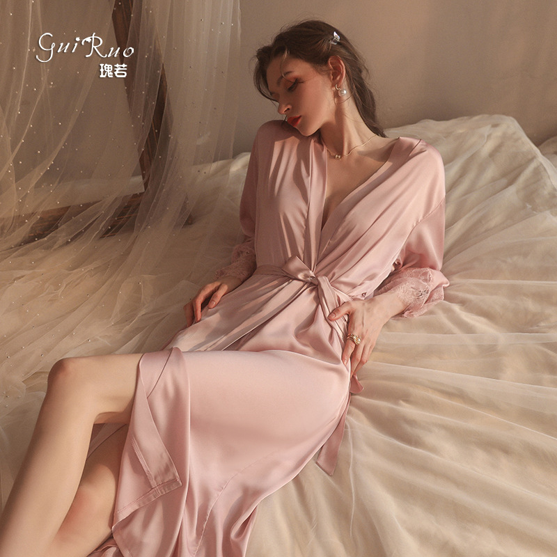 DZ Guiruo Wide Cardigan Belt Satin Split Lace Stitching Long Nightgown Bathrobe suit 19960