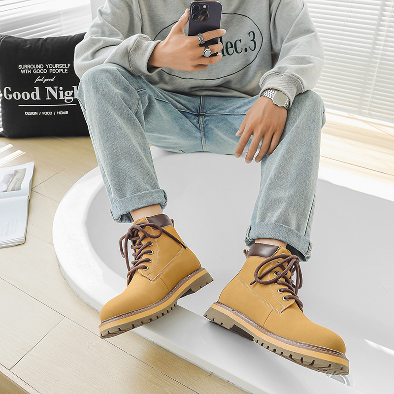 Martin 2024 Autumn New Men's English Style Thick Sole Mid Barrel Big Yellow Couple Work Short Boots_voghion.com