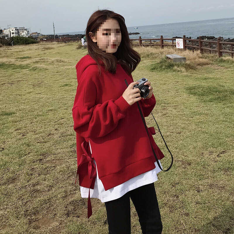 Age-Reducing Extra-Large Size Loose Sweatshirt for Women Korean Style Fat Lazy Style Fake Two-Piece Hooded Top Plus Velvet 300