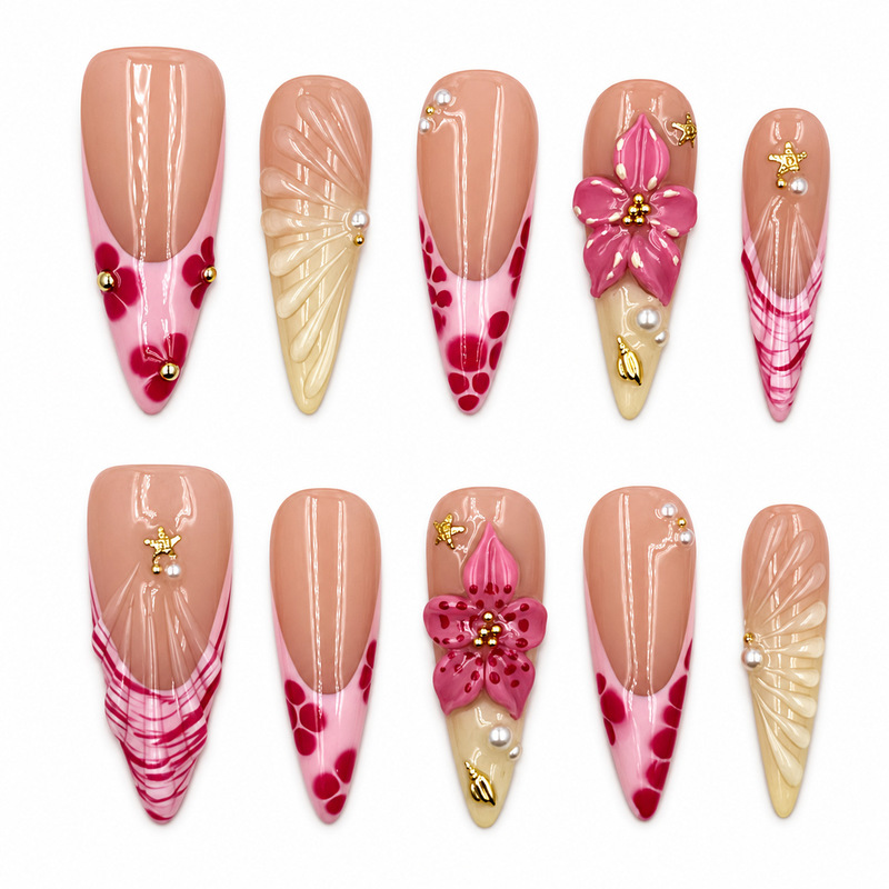Handmade press-on nails in nude pink and rose red, long pointed shape with three-dimensional floral patterns and starfish design, 10-piece set, customizable for wholesale and available for dropshipping Handmade press-on nails in nude pink and rose red, long pointed shape with three-dimensional floral patterns and starfish design, 10-piece set, customizable for wholesale and available for dropshipping