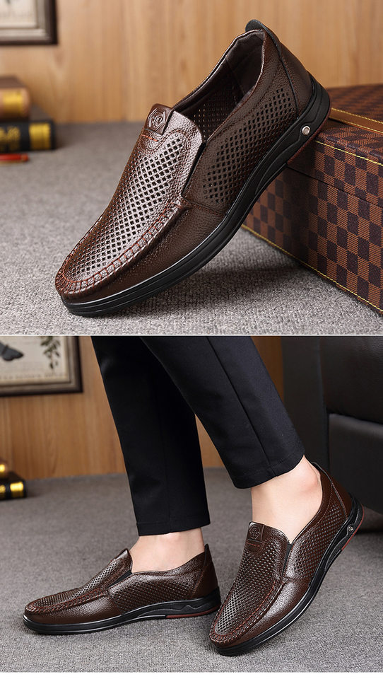 Giày lười nam da bò thoáng khí đục lỗ mũi nhọn đế mềm chống trượt gót 1–3 cm — Màu nâu, Màu đen chi tiết 25