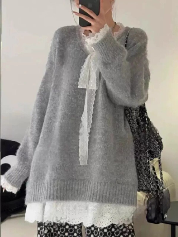 慵懒风蕾丝花边蝴蝶结假两件毛衣女秋冬季新款甜美宽松针织衫上衣|undefined