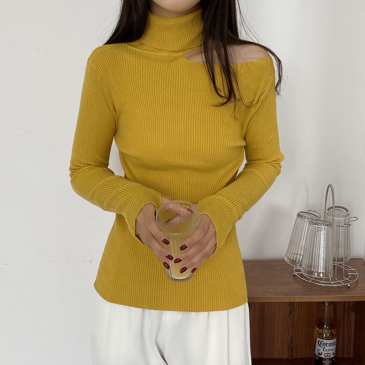 High-Necked Long-Sleeved Hollow Sweater NSFYF85683