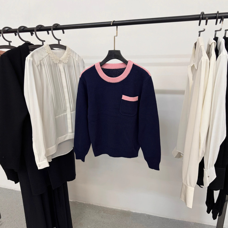 Last Stock Eb Chanel-Style High-Twist Organic Cotton Tailored Small Silhouette Color-Blocked Round Neck Long-Sleeve Knit Sweater Last Stock Eb Chanel-Style High-Twist Organic Cotton Tailored Small Silhouette Color-Blocked Round Neck Long-Sleeve Knit Sweater