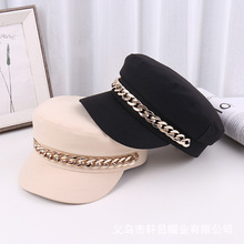 韩版ins链条平顶鸭舌帽子女春秋季新款时尚百搭英伦复古平檐帽潮