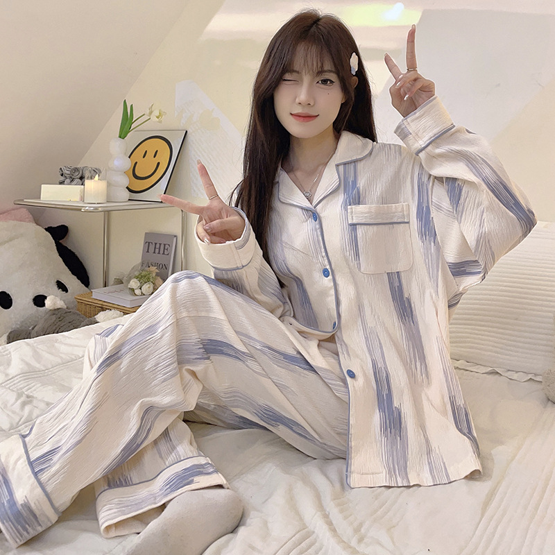 Estilo japonés fresco pijamas de las mujeres algodón solapa cardigan manga larga otoño y el invierno dulce simple linda chica desgaste del hogar traje