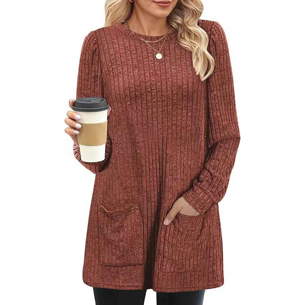 2023 transfronteriza europea y americana de otoño e invierno nueva oferta de mediados de longitud suéter cuello redondo pit color sólido bolsillo Camisa larga para las mujeres
