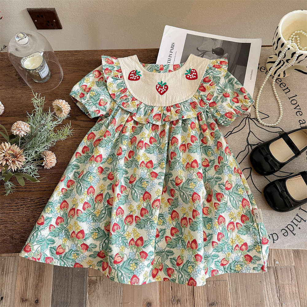 Vestido de niña con volantes bordado de siete fresas de limón salado verano nuevo estilo estampado de frutas falda de muñeca de manga corta para niños