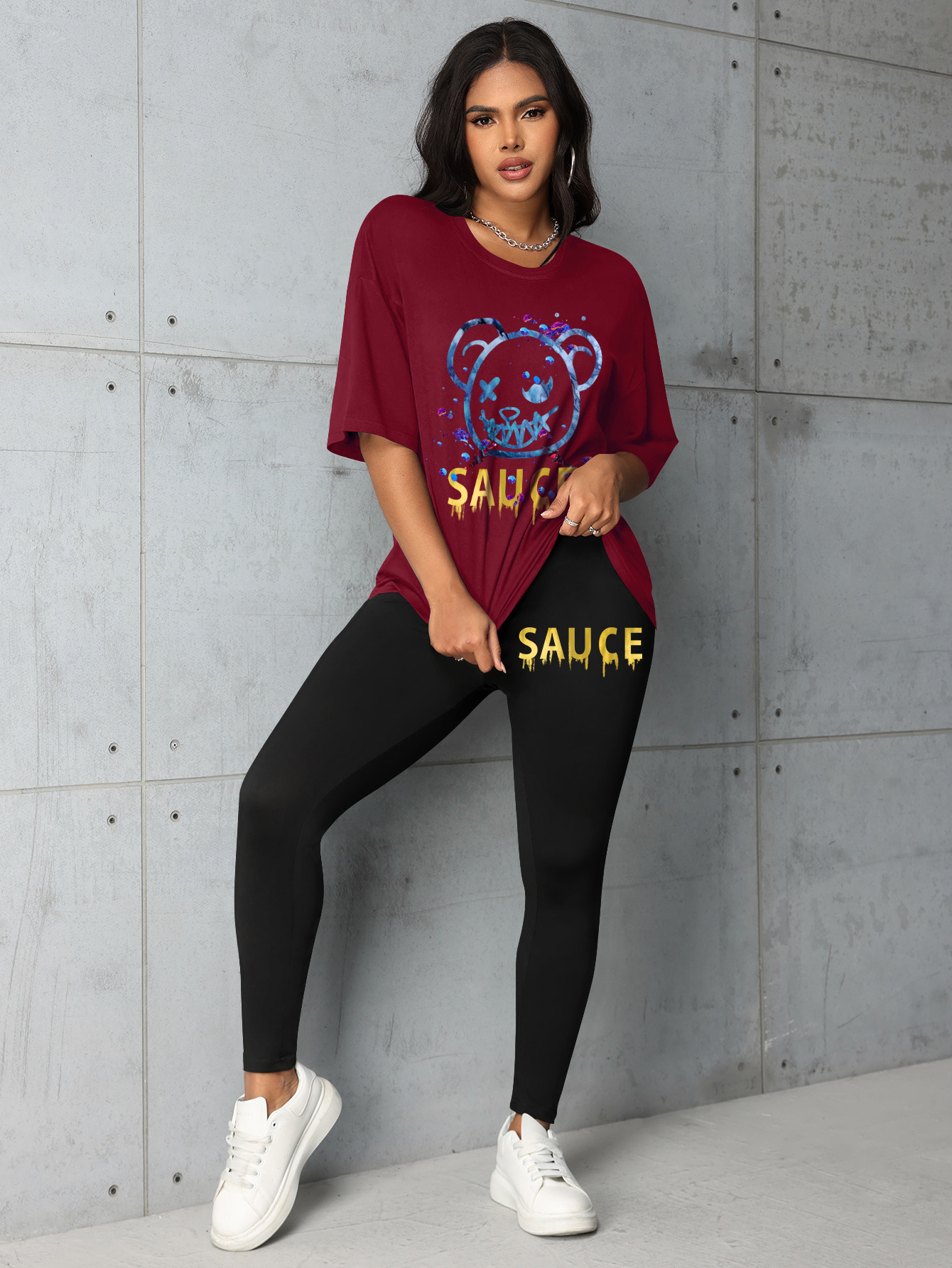 Plus Size Women’s Matching Set With Letter & Bear Print Summer_voghion.com
