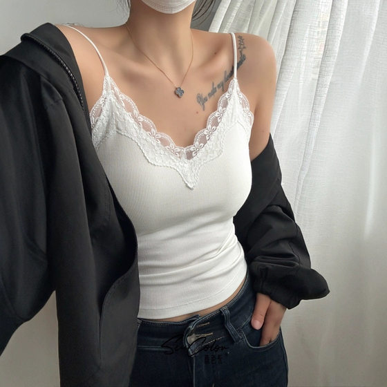 Summer New French Thread Lace Camisole Women's Belt Latex Chest Pad Slimming Pure Base Beautiful Back Top