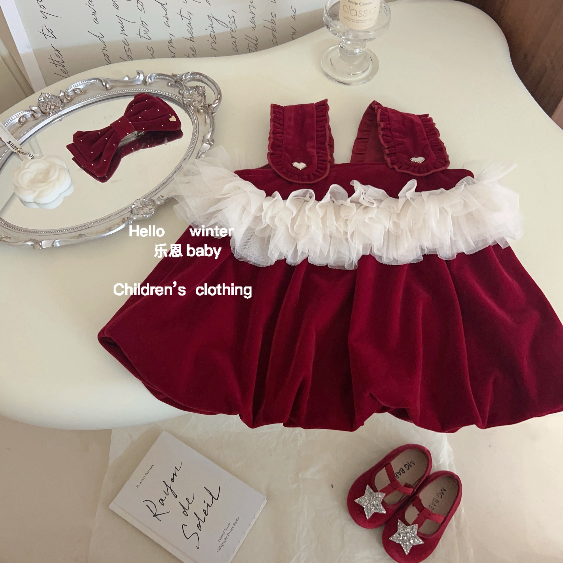 Leen ropa para niños niña chaleco de capullo rojo más falda de terciopelo falda de tirantes retro vestido de princesa festivo lindo