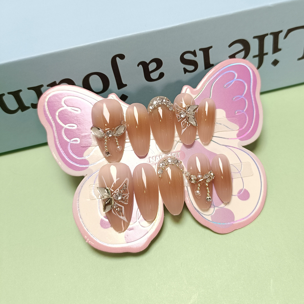10 piezas de uñas para niños, uñas de estilo ins, uñas de diamantes con incrustaciones de mariposas, niños de 10 a 18 años, uñas hechas a mano