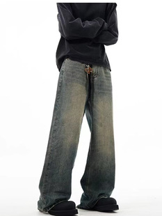 Spring New Vintage Washed Jeans Men's American Style cleanfit Straight Leg Wide Leg vintage Loose Pants