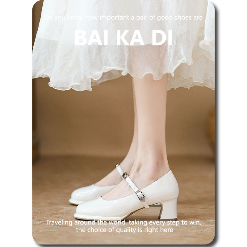25 French-Style Chunky Heel Mary Jane Shoes for Women, White High Heels, Comfortable and Not Tiring, Fairy-Style Single Shoes for Women, Summer Ankle Strap