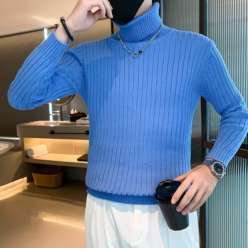 Men's Turtleneck Sweater Autumn and Winter New Fashion Slim-fit Base Sweater Youth Long Collar Solid Color Sweater Trendy