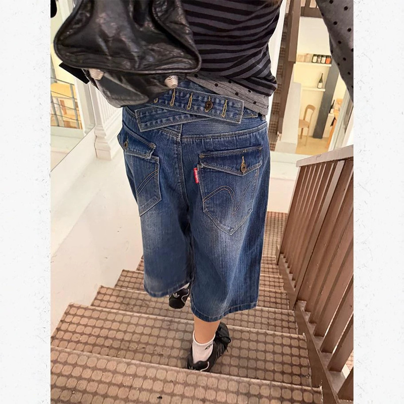 American-Style Washed Bamboo Texture Denim Cropped Pants for Men and Women, Trendy Summer Heavy-Duty Loose Shorts with a Sense of Design American-Style Washed Bamboo Texture Denim Cropped Pants for Men and Women, Trendy Summer Heavy-Duty Loose Shorts with a Sense of Design