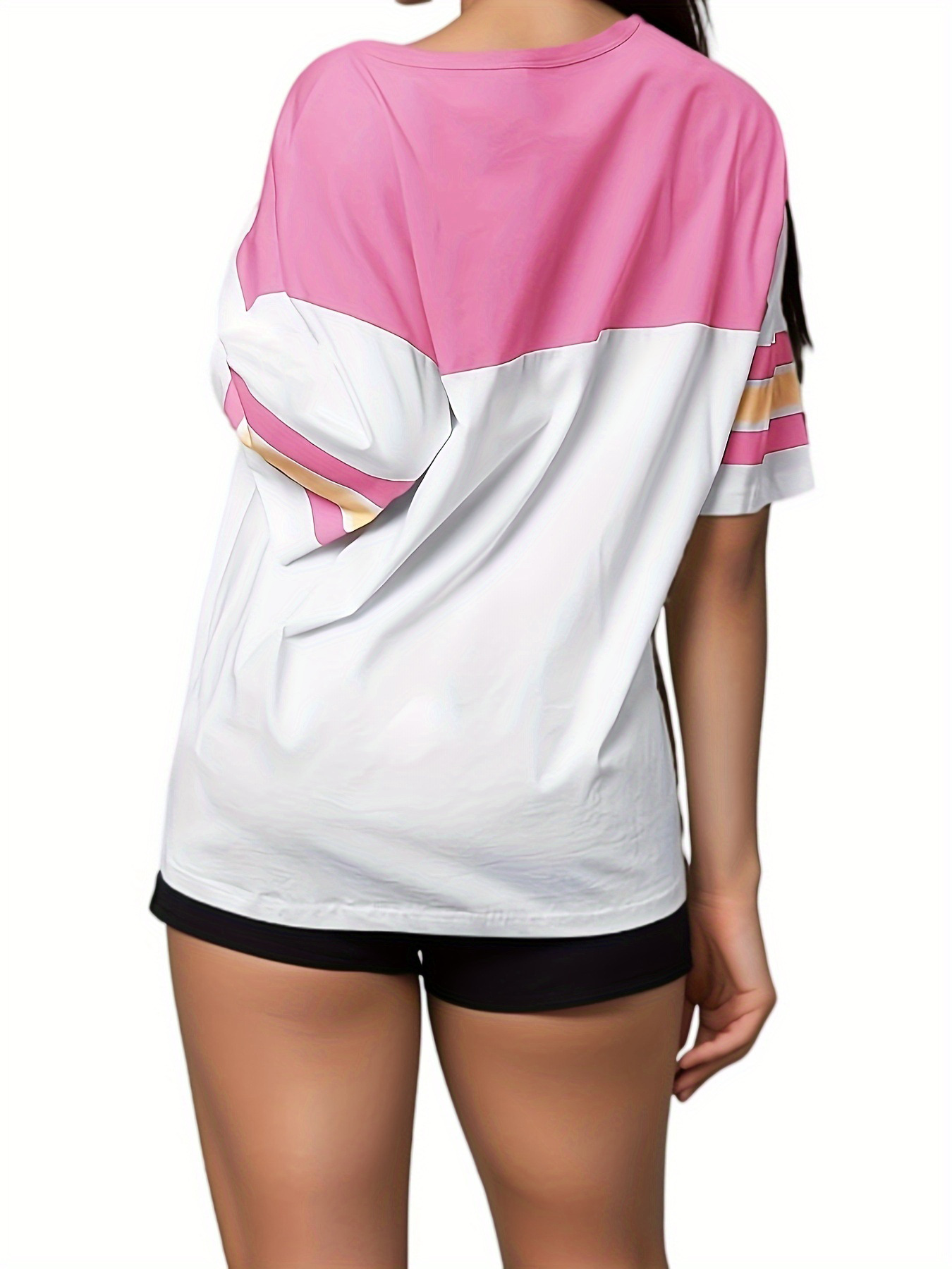 140g Weight Half Sleeve Sleeve Length Pullovers Placket Type Regular Sleeve Sleeve Type Polyester Fabric Type Long Top Length T-shirt Tops Type Holiday, Match Occasion V Neck Neckline Loose Fit Type Letter, Color Block Pattern Summer Season Women's Gender Patchwork, Contrast Binding Design Streetwear Style Wholesale Women's Streetwear Letter Color Block Half Sleeve Patchwork Contrast Binding T-Shirts 4