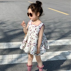童裝女童套裝2024夏裝滿印小櫻桃裙子吊帶娃娃裙花苞褲短褲兩件套