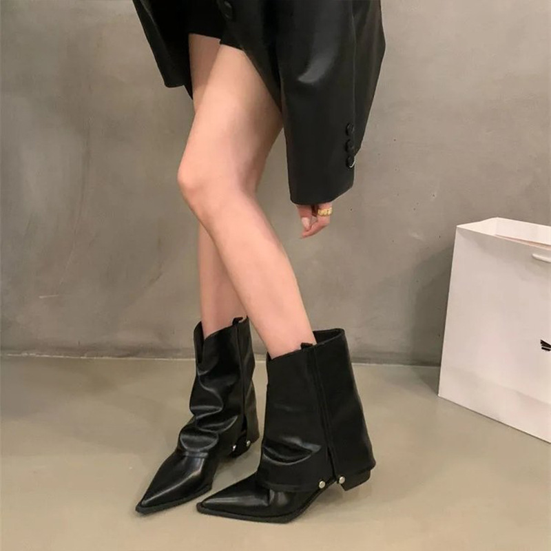 Chunky Heel Pointed Toe Booties Street Style Women's Short Boots 2025 Autumn New Brown Retro British Western Cowboy Boots