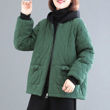 冬装新款妈妈装韩版大码连帽菱形格时髦复古气质女士休闲棉衣外套