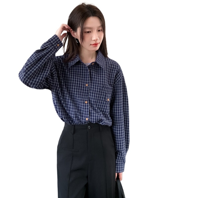 2025秋季撞色格纹高级感衬衫女新款复古法式休闲格子衬衣外套上衣|undefined
