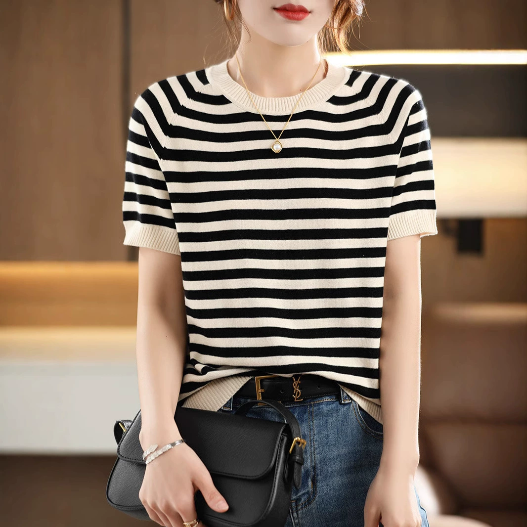 Тонкий в полоску с короткими рукавами хлопчатобумажный трикотаж женский топ весна лето 2025 новый маленький ароматный ветер тонкий