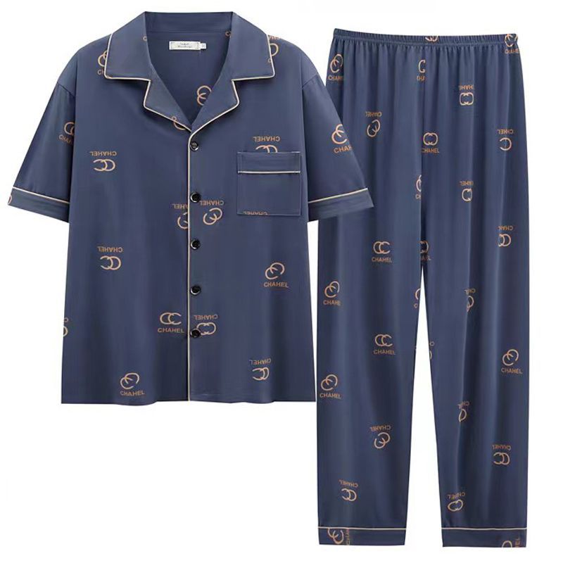 Pijamas de algodón de los hombres de primavera y verano Pantalones delgados de manga corta cardigan niños pueden usar fuera más tamaño homewear de verano