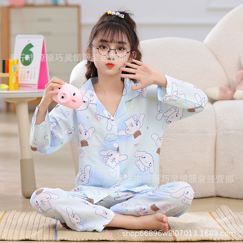 Pijama de niñas primavera y otoño dibujos animados tela espuma de tela delgada manga larga lindo ropa para niños de tamaño medio y grande ropa para el hogar