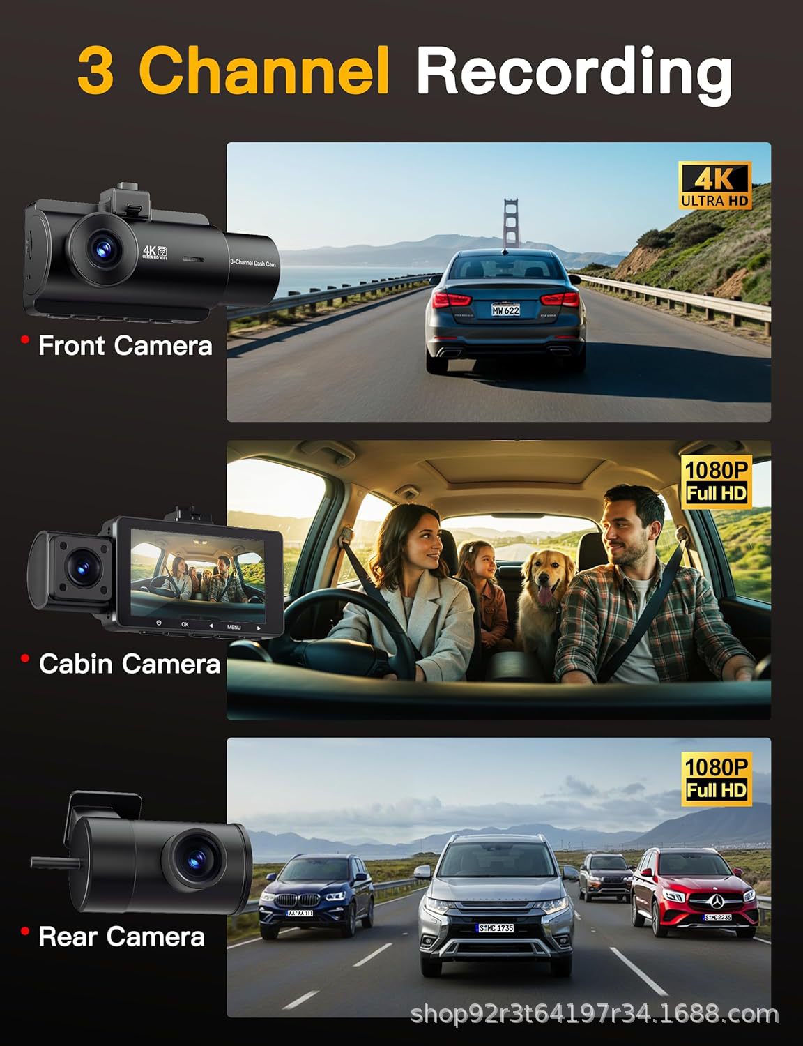 2.5K triple-lens dash cam, recording simultaneously on three channels, high-definition night vision, wide-angle, and high-definition recording