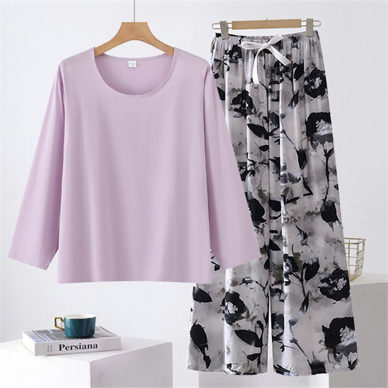Women's Loose and Comfortable Long-Sleeved Top Paired with Multi-Printed Wide-Leg Pants Set, Two-Piece Home Wear Set for Spring and Autumn