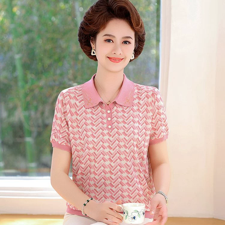 Тонкие топы с лацканами для женщин среднего и пожилого возраста, летние футболки с короткими рукавами для мам, модные топы из ледяного шелка с принтом для старух.