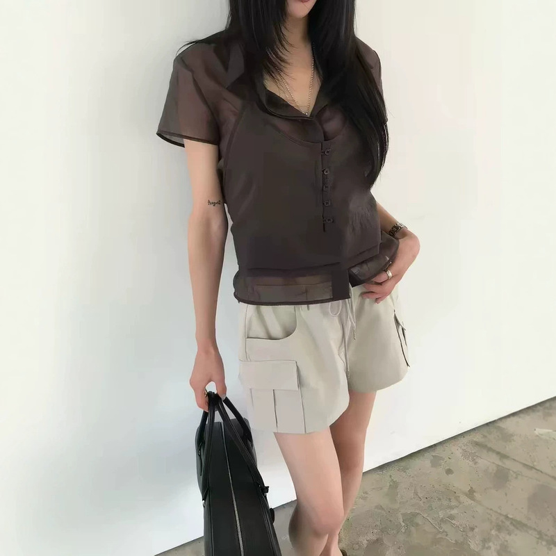 Korean Designer Semi-Sheer Tie-Neck Short-Sleeve Shirt with a Turn-Down Collar, Korean-Style Women's Two-Piece Set, Comfortable Top Korean Designer Semi-Sheer Tie-Neck Short-Sleeve Shirt with a Turn-Down Collar, Korean-Style Women's Two-Piece Set, Comfortable Top