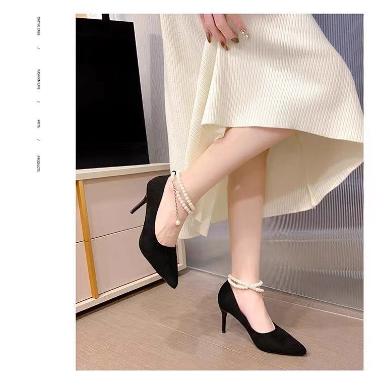 Pointed Toe Pumps 2024 New Model Pearl Suede High-End Fairy Black Thin Heel Non-Slip Strap High Heels For Women_voghion.com