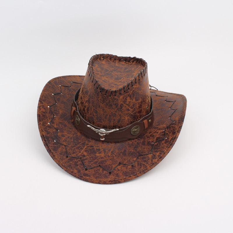 Two-headed door western cowboy hat crack puleather knight hat summer outdoor travel sun hat cow head accessories top hat