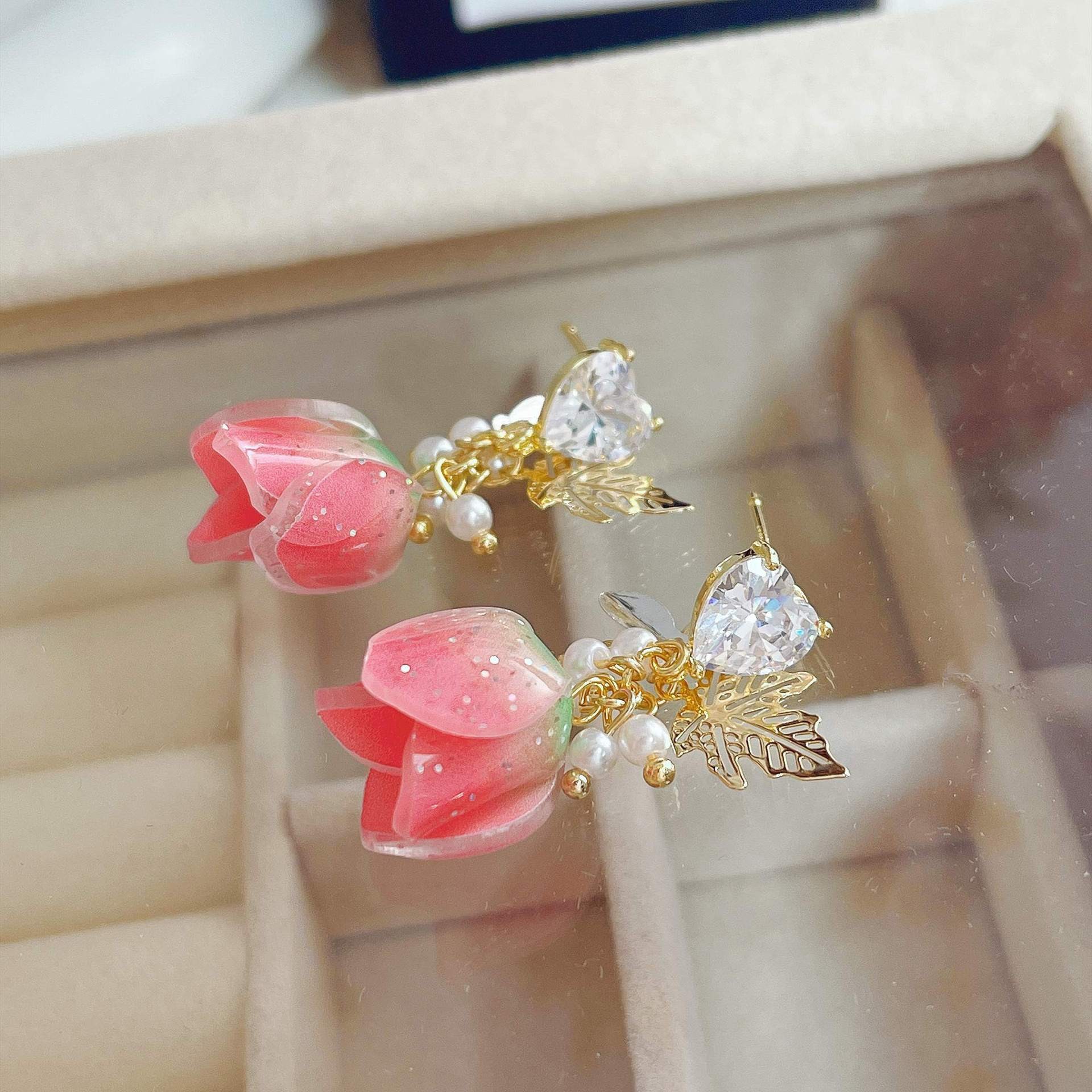 F8074 핑크 플라워 러브 귀걸이