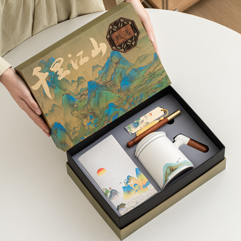 Taza de cerámica de tres piezas juego de regalos de negocios aniversario de la compañía PR regalos de mano logotipo tallado