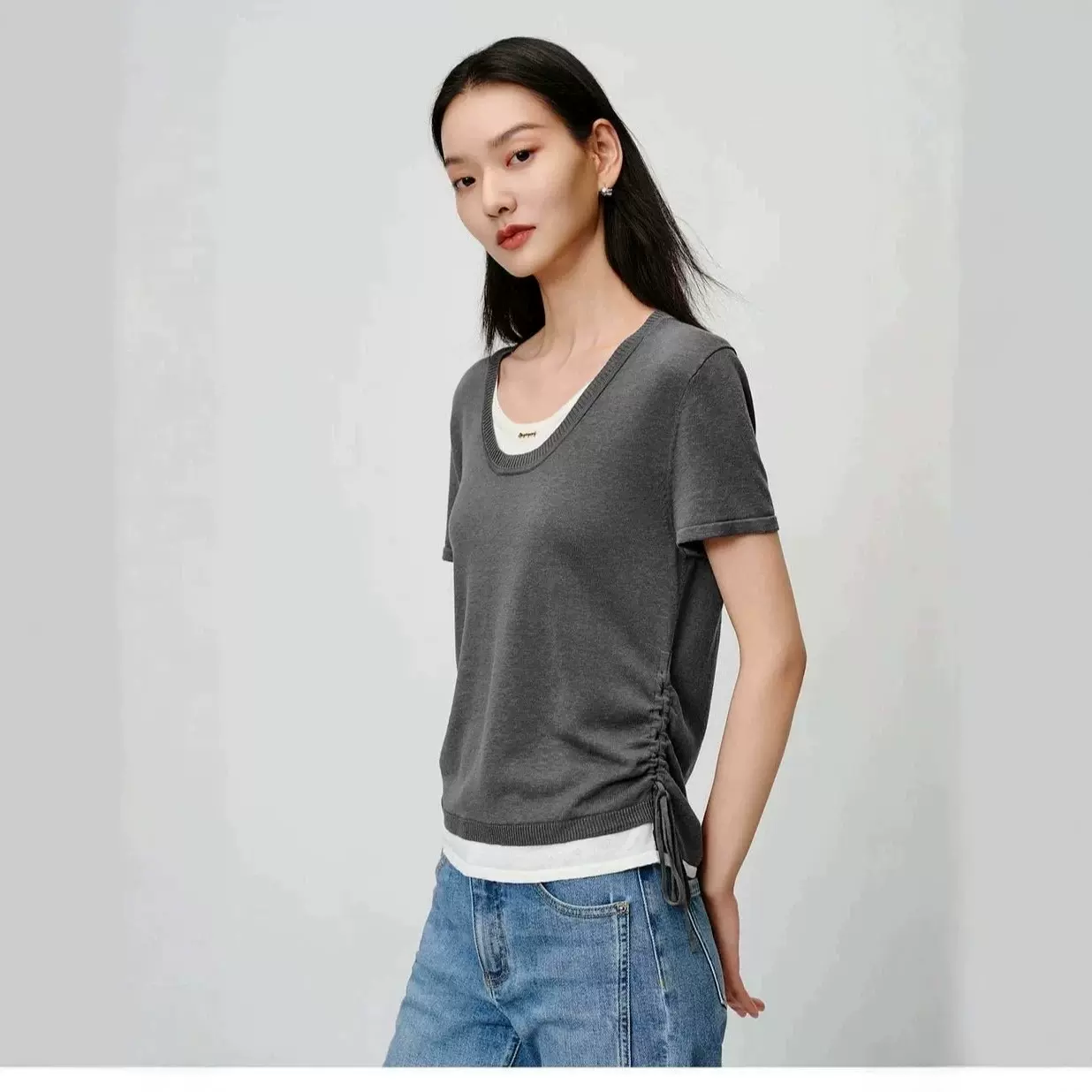 EP雅莹同款短袖针织衫女 亚麻混纺落肩抽绳圆领上衣直播供货