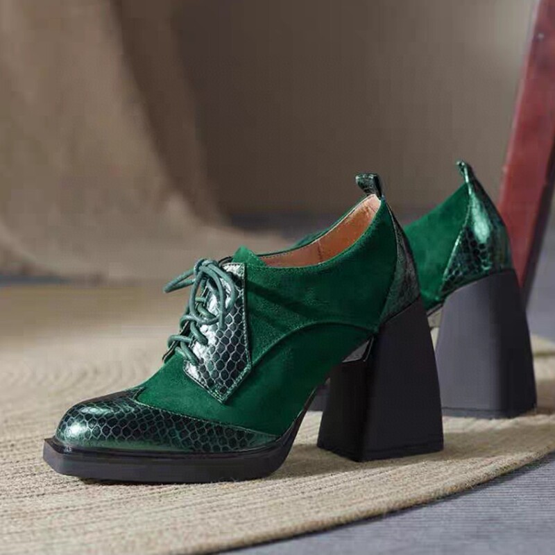 9731 Chengdu Handmade Genuine Leather Broken Size Special Price Women's Shoes French Style Color-matching Coarse High Heeled Lace-up Small Leather Shoes